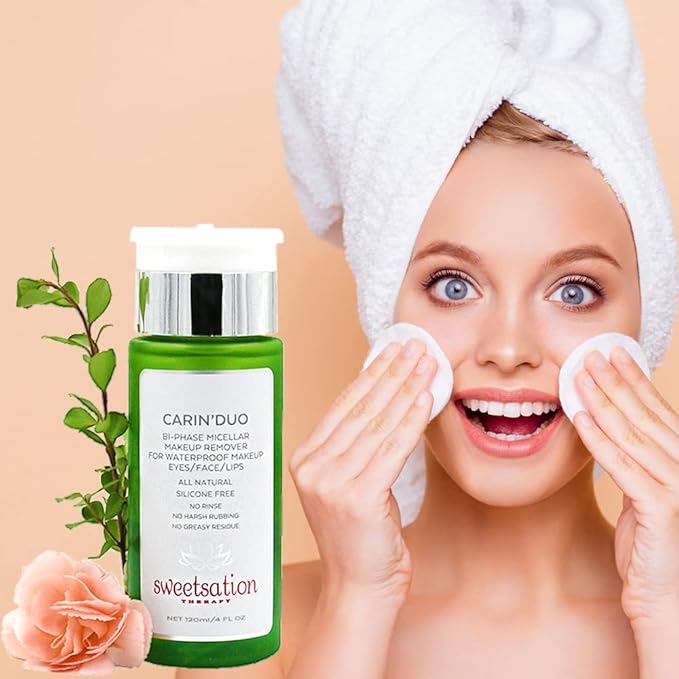 YUNASENCE CARIN’DUO Bi-Phase Micellar Makeup Remover for Regular and Waterproof Makeup. Eyes/Face/Lips, 4oz. 100% Natural. Silicone free. Cyclopentasiloxane free.