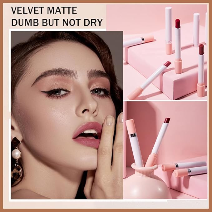 4 Colors Mini Small Little Tube Lipstick, Matte Lipstick Set, Red Moisturizer Smooth Lip Stick Lip Stain Velvet Lipstick, Lip Stain Long Lasting 24 Hours Waterproof Labiales Mate (Set B)