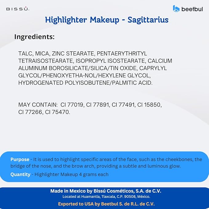 Bissú Powder Highlighter Makeup – Lightweight, Silky Formula for Radiant Skin, Easy Application, 10 Versatile Shades (07 Sagittarius, 4.5 Grams)