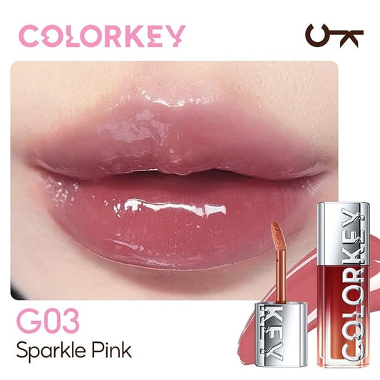 COLORKEY 3D Plump Oil Lip Gloss, High-shine Finish, Lip Tint, Moisturizing, Non-Sticky, Clear and Natural, Glassy Shine(G03 Sparkle Pink, 3ml)