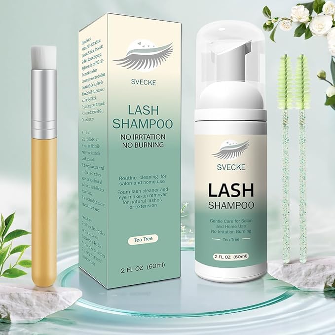 Lash Shampoo Kit for Eyelash Extension, Eyelash Shampoo 2 fl.oz / 60ml, Eyelash Extension Cleanser, Lash Eyelid Foam Cleaning Kit for Salon Use and Home Use (Tea Tree)