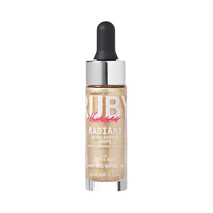 Ruby Kisses Radiant Drops, Shimmer Liquid Highlighter Makeup, Smooth Illuminator for Face Body, Natural Glow Dewiness Glitter for Skin (CHAMPANGE)