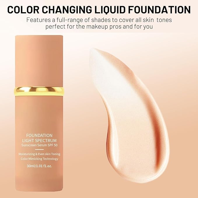 2PCS 4-in-1 Liquid Foundation with SPF 50 - Light Spectrum, Long-Lasting Hydration, Lightweight, Concealer and Even Skin Toning, Bio Color Changing Foundationfor Gym, Sports, Dancing (1.01 fl.oz)
