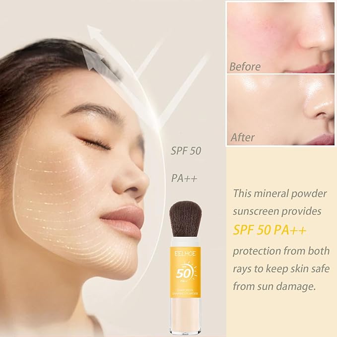 Mineral Sunscreen Setting Powder, SPF 50 PA++ Powder Sunscreen for Face, Oil Control Lightweight Breathable Translucent Concealer Brush Face Powder for All Skin