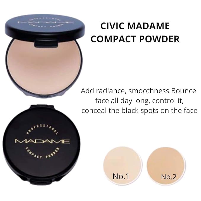 CIVIC MADAM COMPACT Pressed Powder Foundation Bright, Light Not Dull Bright, Soft Smooth, Concealing, Medium to Full Coverageb Blurs Pores & Control It, UVA & UVB Protection, No1 White Skin 0.60 Oz.