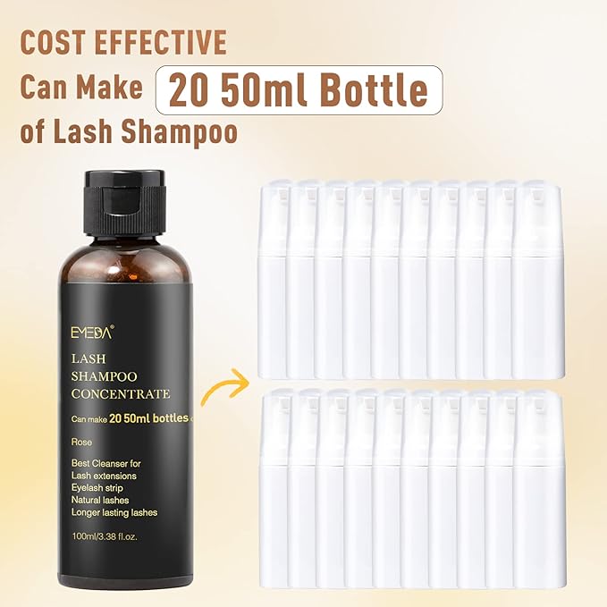 EMEDA Lash Shampoo Concentrate for Eyelash Extensions 100ml Eyelash Extension Cleanser Concentrate Bulk Liquid Kit with Brush Bottle Foam Soap Lash Bath Solution - Makes 20 Bottles 50ml Shampoo (Rose)