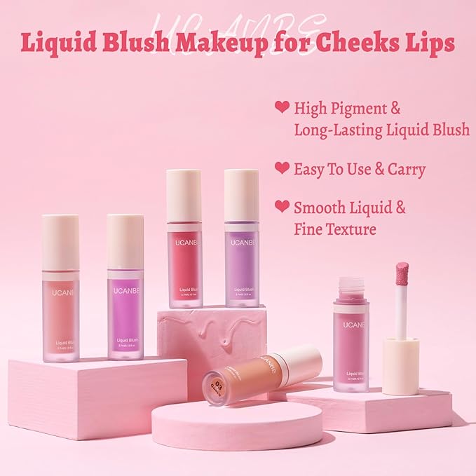 UCANBE Liquid Shimmer Blush Makeup for Cheeks, Highly Pigmented, Long Lasting, Anti-scratch, Natural-Looking, Daily Use Makeup Blush Suitable for Women Girls(01 Pink)