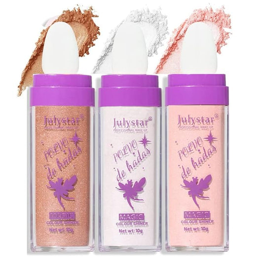 Polvo De Hadas Highlighter Stick Puff Fairy Stick Highlight Powder Glitter Loose Powder Brush Stick Contouring Powder Shimming Face Powder Blusher (01+02+03)