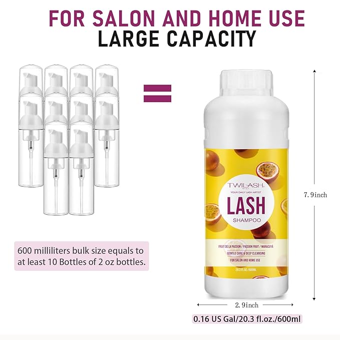 600ml Lash Shampoo Bulk, Eyelash Cleanser for Extensions, Safe Makeup Remover, Non-irritating or Burning Formula Eyelid Foaming Cleanser Best for Professional Salon and Home Use (Passion Fruit)