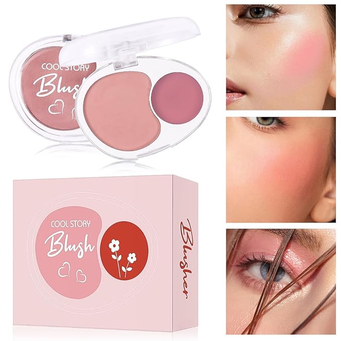 Dual-Tone Face Blush Palette for Cheeks - Waterproof, Long-Lasting, Satin Finish, Creamy Texture, Sculpting, All Skin Tones, Squalane, Highlighting, for Home, Travel, Makeup 2 Tone Tint 1#