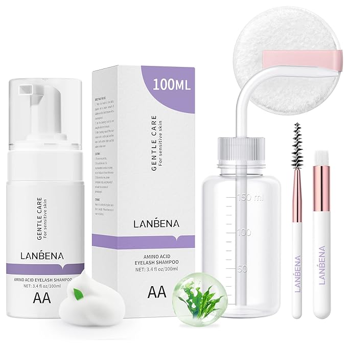 LANBENA Lash and Eyelash Cleanser Kit 100ml - Amino Acid Foam for Sensitive Skin, Makeup Remover, Paraben & Sulfate Free