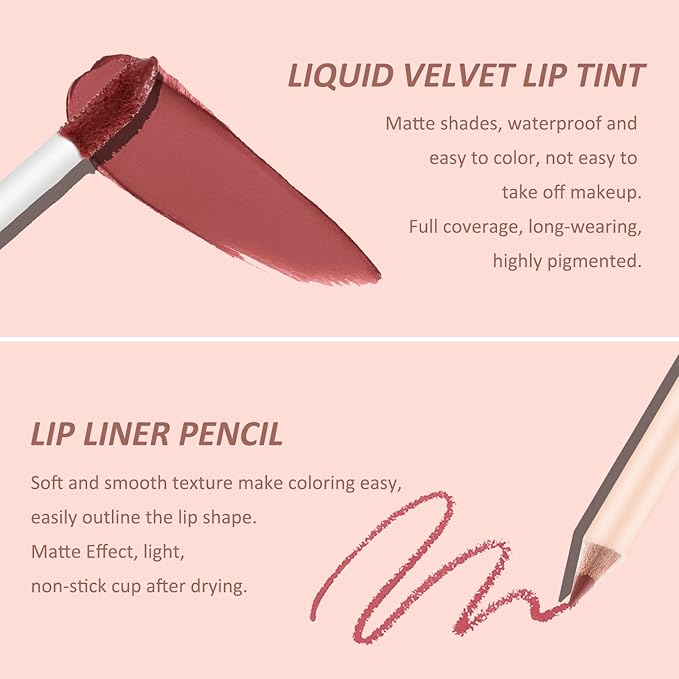 Boobeen Liquid Matte Lipstick and Lip Line Pencil Set, Nude Red Lip Makeup Longwear Waterproof Lipliner Pens & Velvet Lip Stain Lip Gloss Smooth Matte Lip Color Make Up Gift Set