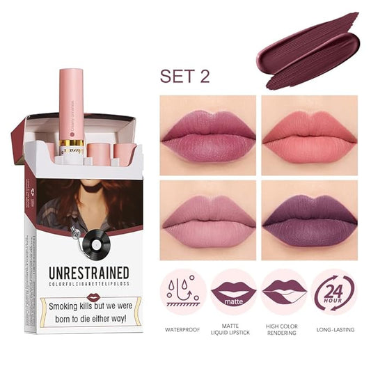 LADYFOX 4 Colors Matte Cigarete Lipstick Set, Natural Velvet Liquid Lipstick for Women, Waterproof Lipstick Tube Lip Tint Stain, Lip Stain Long Lasting 24 Hours (Set, 2)