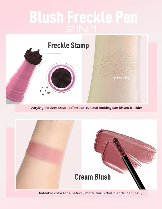 Freckle Pen Blush 2 in 1 Natural Lifelike Light Brown Freckle Stamp Pink Liquid Blush for Cheeks Quick Dry Fake Freckles Long Lasting Faux Freckles Tattoo Marker Waterproof for Sunkissed Makeup