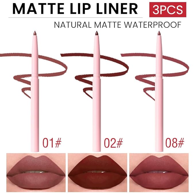 Kaely 3Pcs Matte Velvet Lip Liner Pencils Retractable for Shaping & Sculpting Lips, Lip Pencils for Women Long Lasting Waterproof Rich Lip Colors Liner Crayon Lipstick delineador de labios 01&02&08