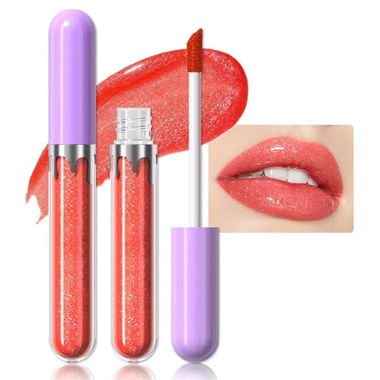 Glitter Liquid Lip Gloss,Coral Shimmer Lipstick, Waterproof Shimmer Lip Stain Lip Glaze, High Shine Long Lasting Shiny Lip Color Makeup 06#