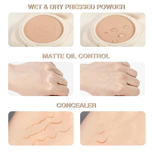 Matte Pressed Powder, Wet & Dry Concealer Foundation, Oil Control Flawless Setting Powder, Portable Face Makeup Compact with Puff Applicator