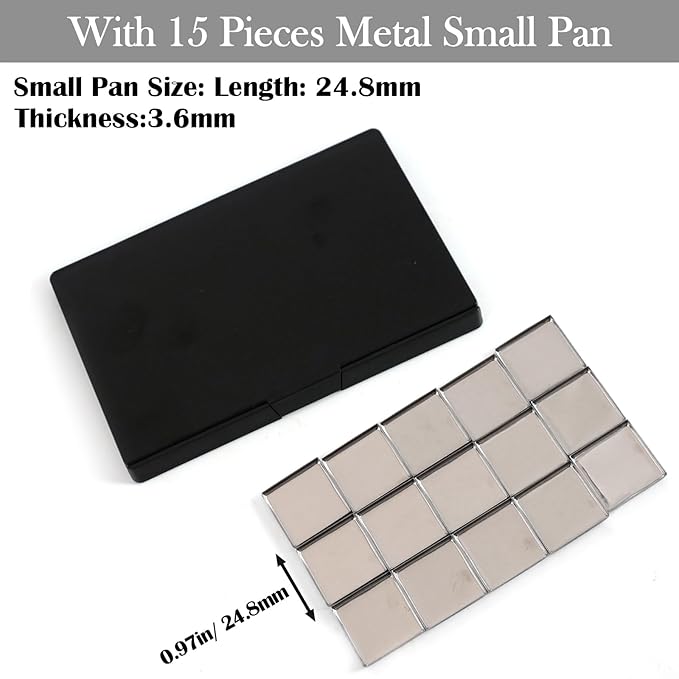 VANANA DIY Magnetic Palette with Mirror, for Eyeshadow Lipstick Powder Highlighter Storage, with 12 Pieces of Round Metal Pans (Black - With Mirror, 15x10cm - With 15pcs Square Pans)