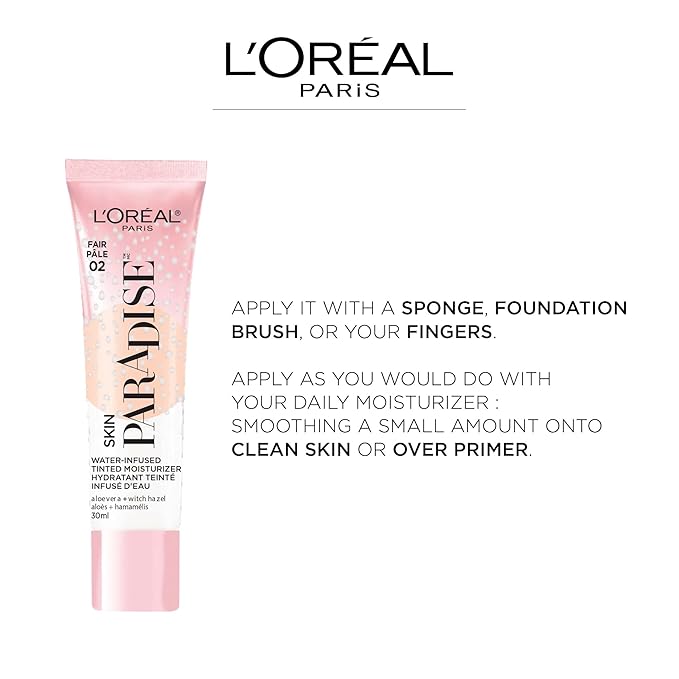 L'Oreal Paris Skin Paradise Water-infused Tinted Moisturizer with Broad Spectrum SPF 19 sunscreen lightweight, natural coverage up to 24h hydration for a fresh, glowing complexion, Light 02, 1 fl oz