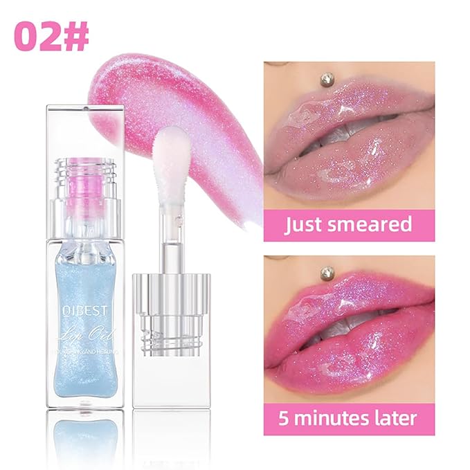 Magic Color Changing Lip Oil Ph, Glitter Lip Gloss, Upgraded Big Brush Head Moisturizing Lip Oil, Color Changing with Temperature, Moisturizing & Sparkling (# 02, 0.3 Oz)
