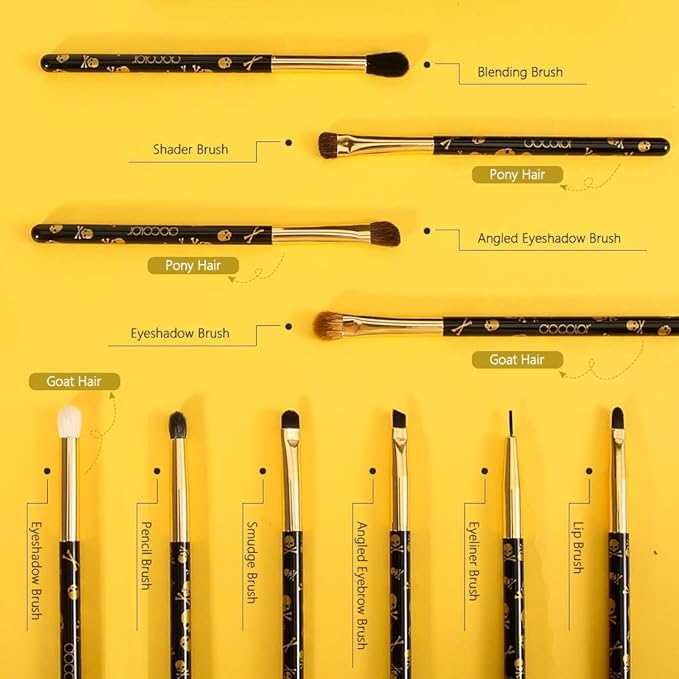 docolor 10Pcs Eye Makeup Brushes Skull Printed Eyeshadow Makeup Brush Set and Yellow Eyeshadow Palette 9 Colors Gemstone Shadow Palette Highly Pigmented Mattes Shimmers Long-Lasting Makeup Palette