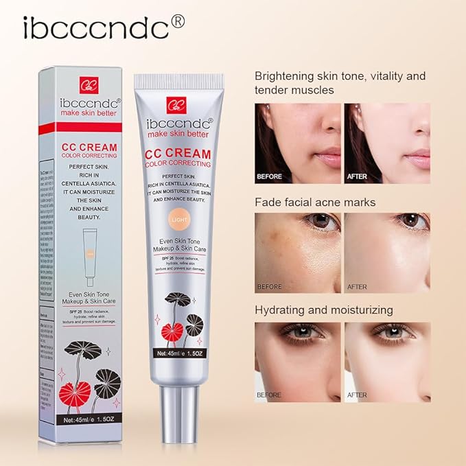 Color Correcting CC Cream with SPF 25, Coverage Lightweight Foundation, Invisible Pores,Rich In Centella Asiatic,Hydrating Serum,Refine Skin Texture, Avoid Sun Damage (LIGHT, LIGHT)