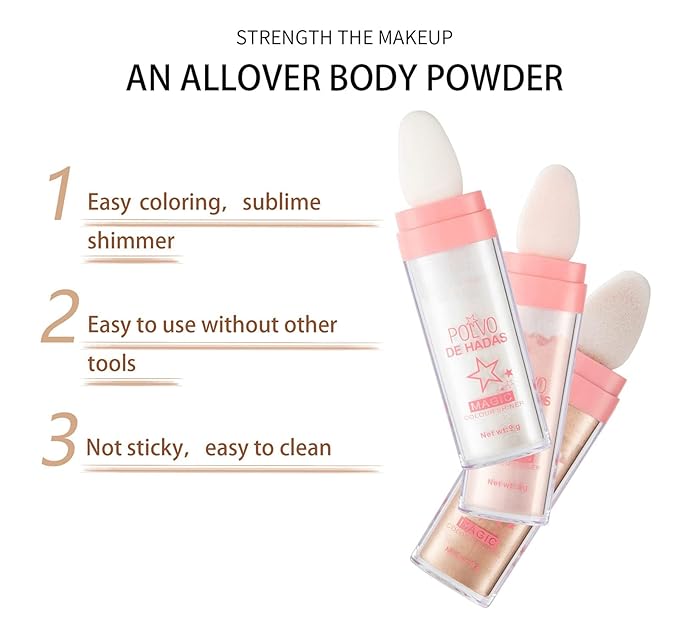 AKARY Body Glitter, Fairy Polvo De Hadas Shimmer Face Highlighter Powder & Blush Stick, Instant Glow Luminizer Duo, Glitter Face Hair High Gloss, Sparkle Smudge-Proof Highlighter Stick Party Makeup (#02 Fairy Pink)