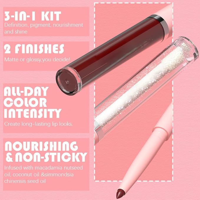 3-in-1Light Nude Matte Lip Stain Kit | Waterproof Lip Liner + Hydrating Matte Lip Gloss + Nourishing Lip Oil | Long Lasting Plumping to Create Perfect Lip Makeup.02#