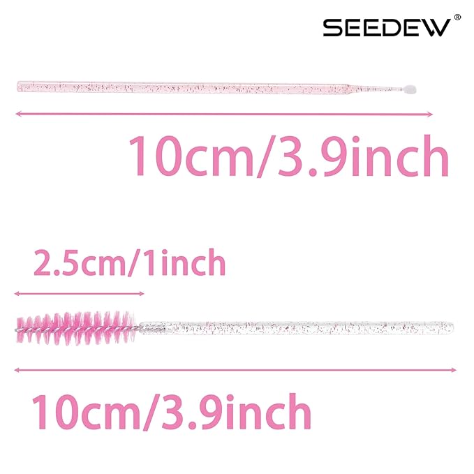 (400+300 Pieces) Pink Crystal Handle - 400 Cotton Swabs + 300 Brushes for Lash Extensions, Makeup (Simple Packaging)-(Crystal Pink)