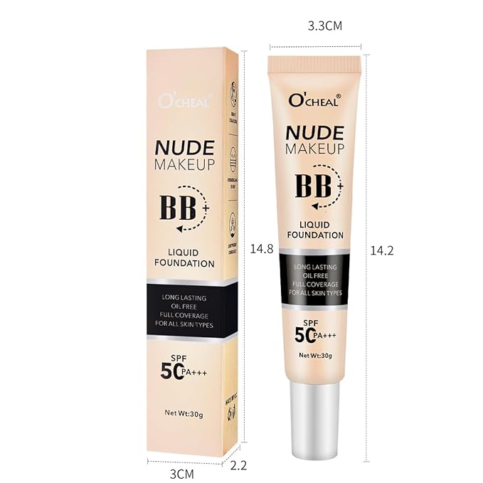 O'CHEAL BB Cream with SPF 50+ | Full Coverage Tinted Moisturizer with Buildable Concealer Powder Foundation, Oil-Free, Hydrating & Matte Finish | Vegan, Cruelty-Free, for All Skin Types(Ivory)