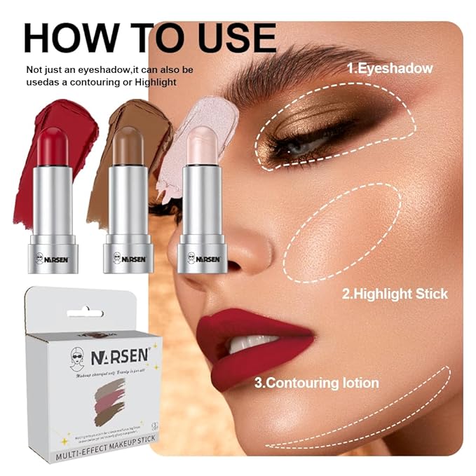 3-Pack Face Stick Set - Contour, Highlighter, and Blush Sticks, Creamy Texture, Beginner-Friendly, Natural Finish - for Cheeks and Lips