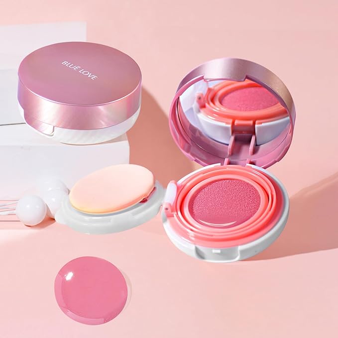 BLUE LOVE Cushion Liquid Blush - Silky Cream Formula for Cheeks, Natural Glow Makeup with Sheer Finish, for Contouring and Highlighting (03#Pink Peony)