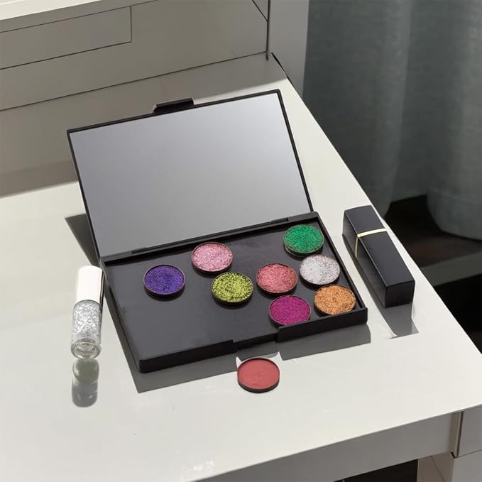 VANANA DIY Magnetic Palette with Mirror, for Eyeshadow Lipstick Powder Highlighter Storage, with 12 Pieces of Round Metal Pans (Black - with Mirror, 15x10cm - With 12pcs Round Pans)