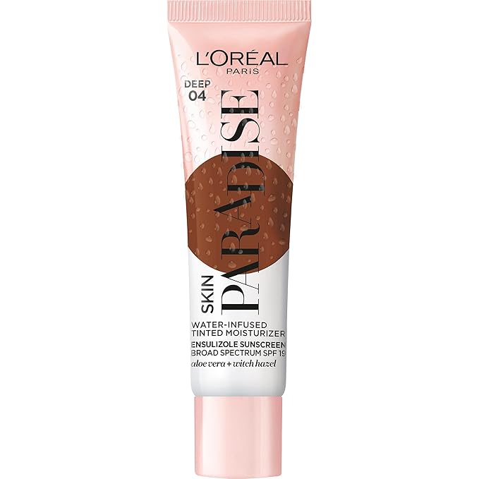 L'Oreal Paris Skin Paradise Water-infused Tinted Moisturizer with Broad Spectrum SPF 19 sunscreen lightweight, natural coverage up to 24h hydration for a fresh, glowing complexion, Deep 04, 1 fl oz