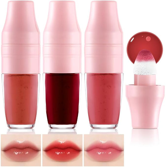 Lip Stain Tint 3 Colors Set, Long Lasting Moisturizing Sponge Tip Applicator Tinted Lip Gloss, Multi-Use Non-Stick Cup Liquid Lipstick for Women Lips Cheek Eye Makeup