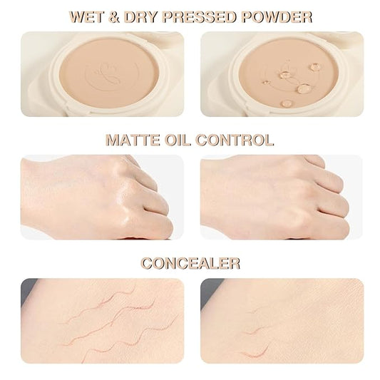 Matte Pressed Powder, Wet & Dry Concealer Foundation, Oil Control Flawless Setting Powder, Portable Face Makeup Compact with Puff Applicator