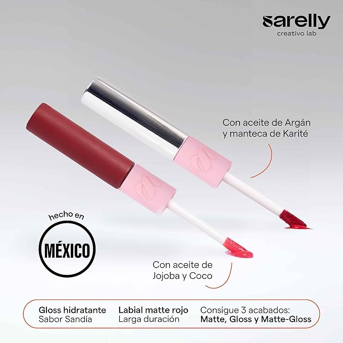 SARELLY CREATIVO LAB | Duo Telenovela Lips Matte & Gloss Lip Kit | Red Lipstick + Non-Sticky Gloss | Vegan Leather Case