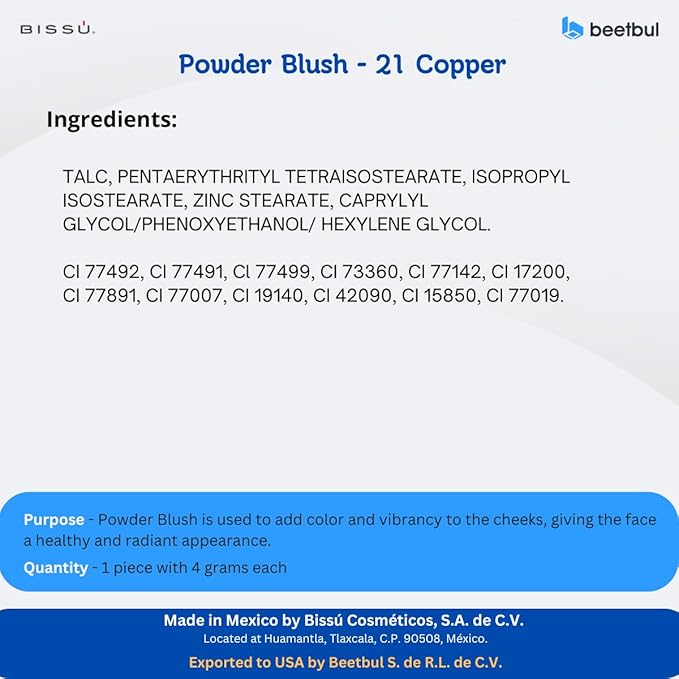 Bissú Blush 4g c/u, Intense Pigmentation, Smooth Texture, Matte and Satin Finishes (21 Copper)