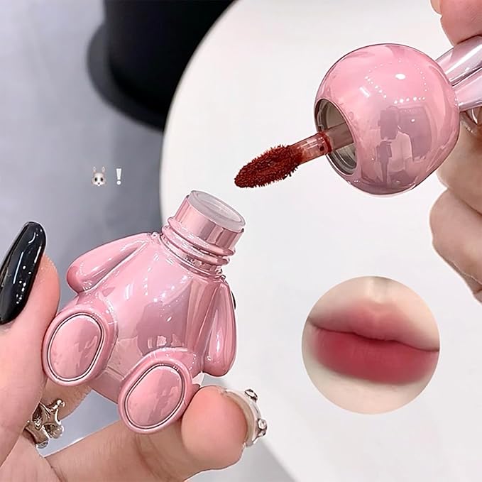 Pack of 3 Matte Lip Stain, Pink Bunny Cute Lipstick, 3 Colors Velvet Lip Glaze Set, Kawaii Makeup Kit for Women, Creative Keychain Design Easy to Carry (Set A(123#))