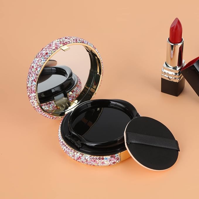 KEYPOWER Makeup Powder Compact Empty Container with Bling Diamond Design, Pink, for Home, Travel/On-the-go, Professional Use