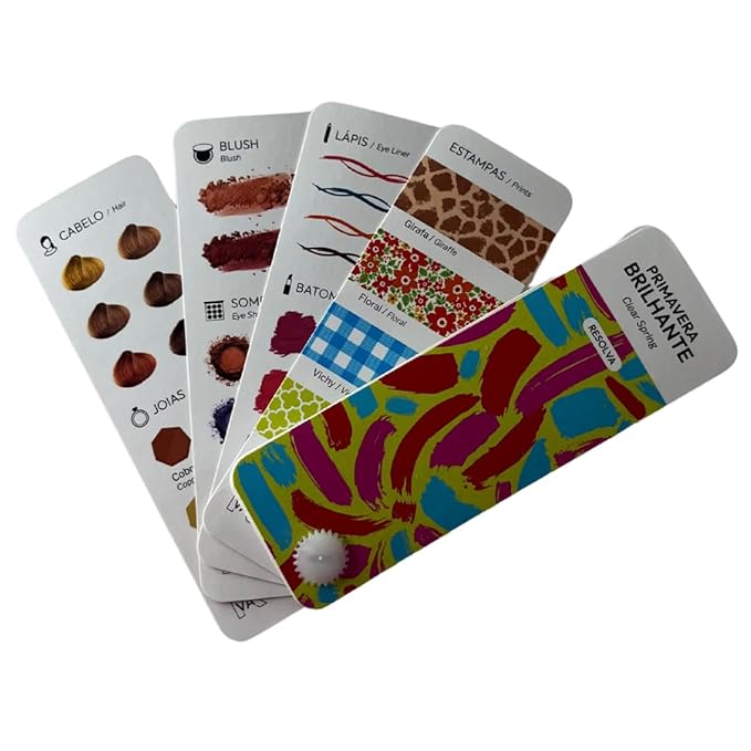 Bilingual Clear Spring Palette Color Fan by Resolva Meu Look, Personalized Guide for Cost Saving, Smart Shopping, Outfit & Wardrobe Planning; Primavera Brilhante/Primavera Intensa