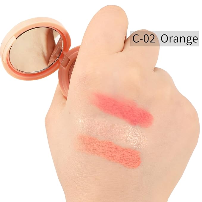 Boobeen Blush and Highlighter Kit, 3 in 1 Makeup Pressed Powder Palette Shimmer Bronzer, Orange&Pink Matte Blusher Blendable Glow Face Palette for a Redness and Glowing Look