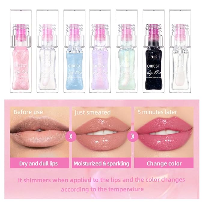 Magic Color Changing Lip Oil Ph, Glitter Lip Gloss, Upgraded Big Brush Head Moisturizing Lip Oil, Color Changing with Temperature, Moisturizing & Sparkling (# 06, 0.3 Oz)