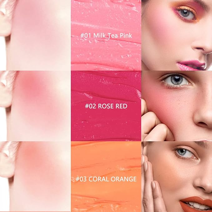 Cream Blush Stick for Cheeks - 2 in 1 Multi Makeup Blush with Brush for Cheeks Tint & Eyes & Lips, Waterproof Smooth Creme Texture, Long-lasting Wear All Day, #02 Rose Red
