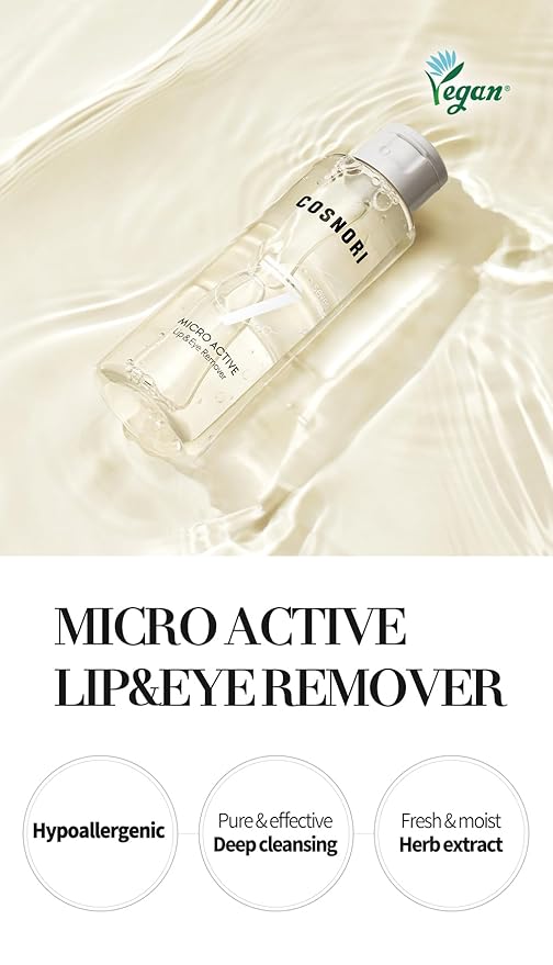COSNORI Micro Active Lip and Eye Make-up Remover – Vegan, Hypoallergenic, Hydration Booster, Gentle Face Cleanser for Sensitive Skin, 7 Natural Extracts, Deep-sea Water, 3.4 fl.oz (100ml)