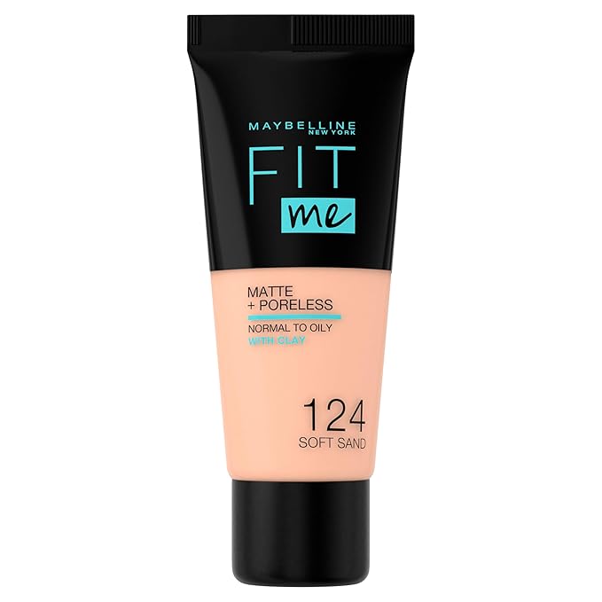 Maybelline Fit Me Foundation, Medium Coverage, Blendable With a Matte and Poreless Finish, For Normal to Oily Skin, Shade: 124 Soft Sand, 30ml
