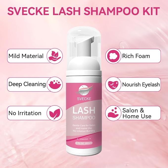 Lash Shampoo Kit, 2 fl.oz / 60ml Eyelash Cleanser, Lash Cleaning Kit with Brush, Eyelash Shampoo for Lash Extensions, Eyelash Remover for Salon and Home Use