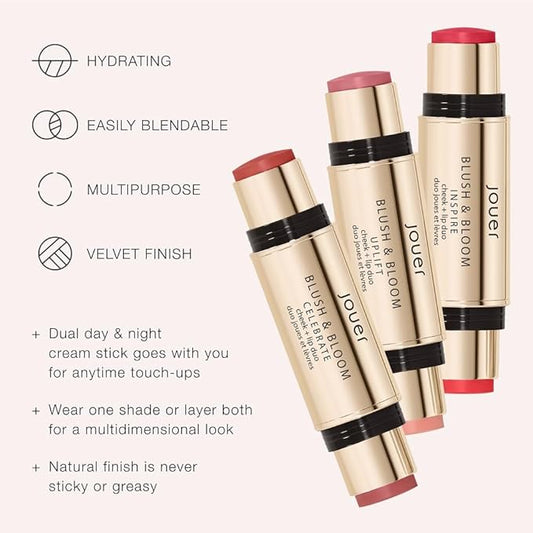 Jouer Blush & Bloom Cheek + Lip Duo - Hydrating Cream Blush Stick for Lip and Cheek Tint - Moisturizing Rose Hip and Squalane Oil Formula, Celebrate