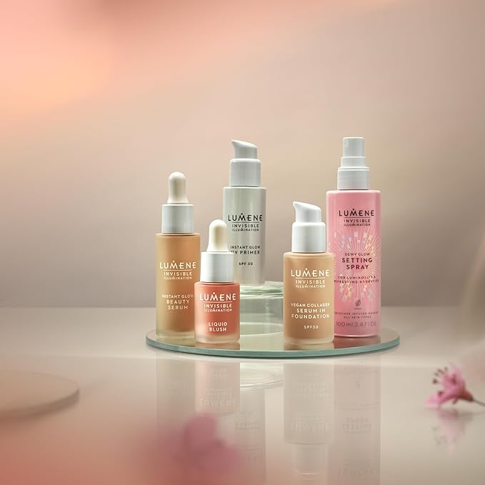 Lumene Invisible Illumination Glow Trio – Dewy Glow Setting Spray (3.4 fl oz), Instant Illuminizer Rosy Dawn (0.5 fl oz), Color Correcting CC Cream Medium (1 fl oz) – Radiant Finish for All Skin Types