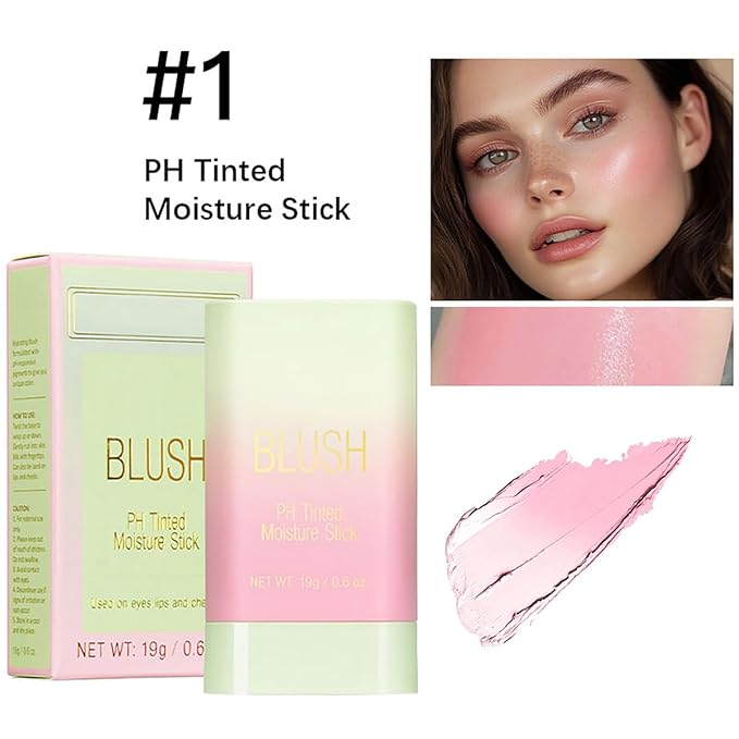 PH Color Changing Hydrating Blush Stick - 3-in-1 Tinted Solid Blush/Eyes/Lips (Shy Pink)